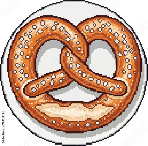 Pixelated pretzel with salt on a white plate, presented from an overhead perspective.