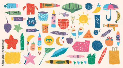 Crayon drawings of foods and items, suitable for educational materials, childrens books, and art projects that need a playful touch.