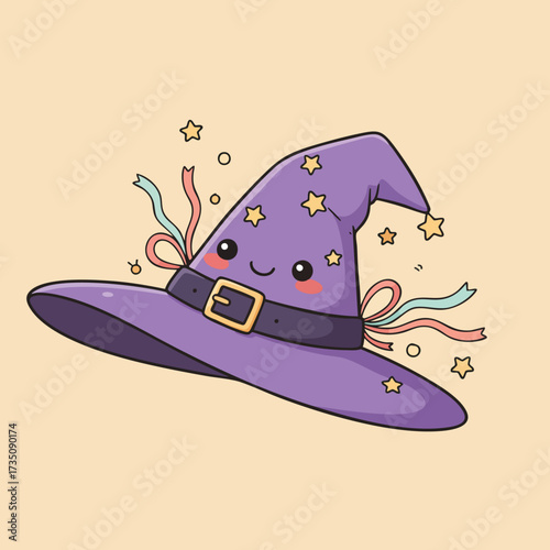 Adorable 2D witch hat with a happy face and rosy cheeks, decorated with stars and ribbons, pastel colors,