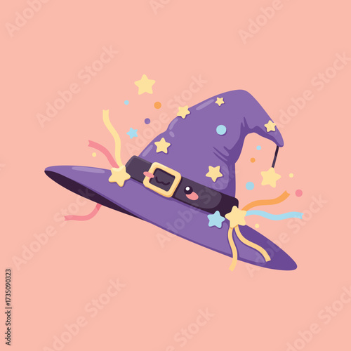Adorable 2D witch hat with a happy face and rosy cheeks, decorated with stars and ribbons, pastel colors,
