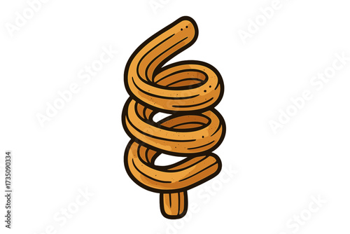 Churro on a stick vector illustration. Spiral fried dough pastry cartoon icon. Mexican or Spanish street food dessert. Sweet snack for bakery or cafe menu. Flat design clipart.