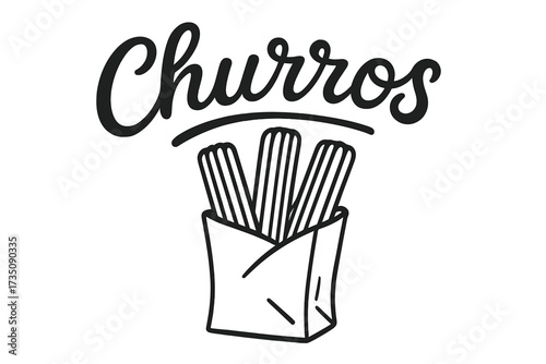 Churros lettering logo concept. Hand drawn vector of Spanish or Mexican dessert. Fried pastry sticks in paper bag for bakery, cafe menu. Minimalist outline icon illustration.
