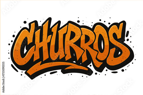 Churros lettering in urban graffiti style. Hand drawn vector illustration for food truck, cafe menu, or logo design. Textured street art typography for snack, dessert, bakery.