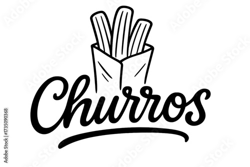 Churros hand drawn lettering logo concept. Vector calligraphy typography for Spanish or Mexican street food dessert. Black and white contour illustration of churro sticks in paper bag.