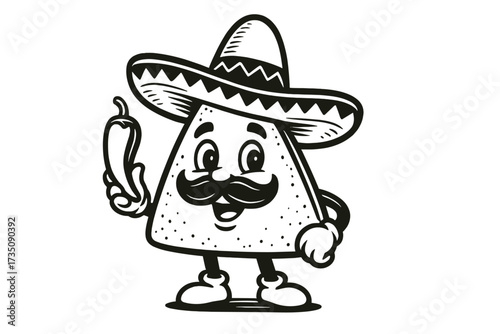 Mexican food mascot. Nacho character in sombrero with chili pepper. Cartoon vector for logo, label, emblem. Retro tortilla chip snack. Spicy fast food icon. Monochrome illustration.