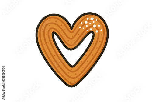 Churro heart shape vector illustration. Traditional spanish sweet dessert with sugar. Fried-dough pastry for bakery or cafe menu. Food icon for love concept, isolated on white.