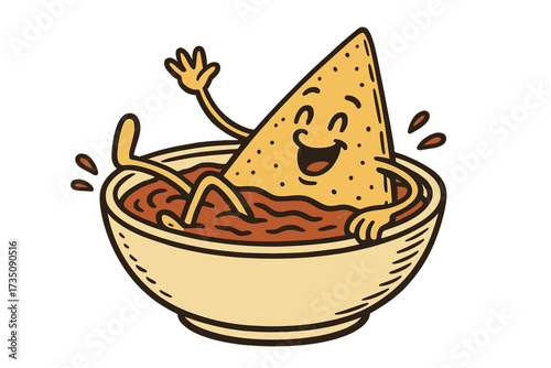 Funny retro nacho character bathing in a tomato salsa sauce bowl. Latin American, Mexican food mascot. Cute smiling tortilla chip relaxing. Hand-drawn vector cartoon.
