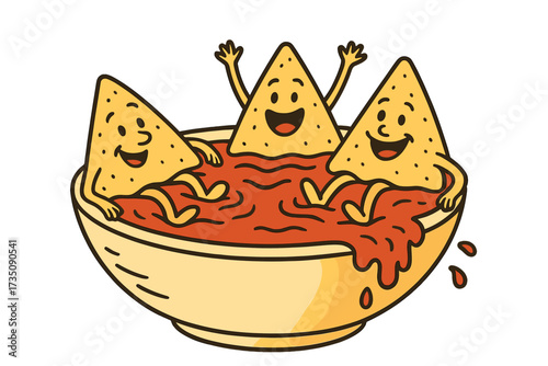 Funny retro nacho characters bathing in a tomato salsa bowl. Mexican food mascot for a snack party. Happy tortilla chips relaxing in a dip. Vector linear cartoon illustration.