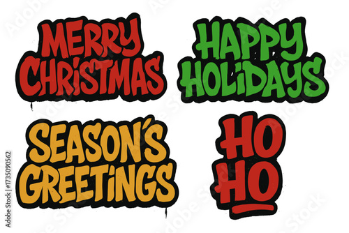 Graffiti Christmas lettering set. Xmas quotes. Street art holiday slogans. Urban spray paint typography. Merry Christmas. Happy Holidays. Season's Greetings. Ho Ho Ho vector.