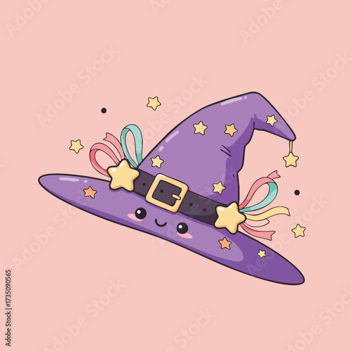 Adorable 2D witch hat with a happy face and rosy cheeks, decorated with stars and ribbons, pastel colors,