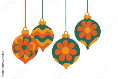Groovy Christmas vibe poster with hanging Xmas tree balls in trendy retro 60s 70s hippie style. Merry Christmas and Happy New Year greeting card vector with floral decoration.