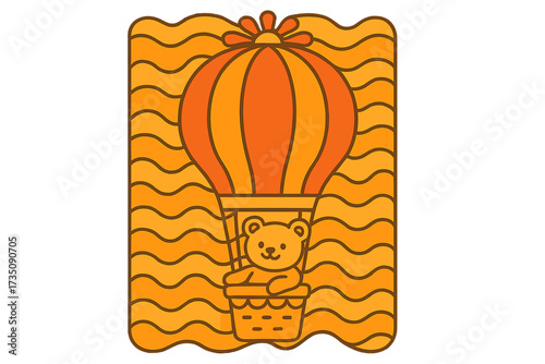 Groovy 70s retro poster with cute teddy bear character in hot air balloon. Whimsical 60s style illustration for kids. Nostalgic adventure travel concept on wavy background.
