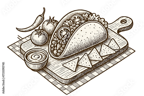 Hand drawn retro taco on cutting board with nachos, tomatoes, chili pepper, and sauce. Traditional Mexican street food sketch. Vector illustration for cafe menu or food poster.