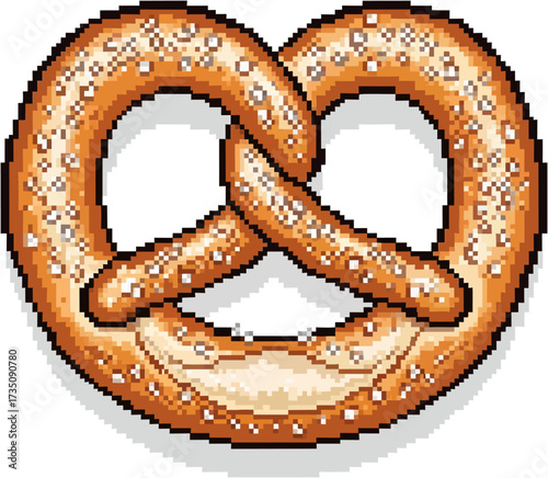 A pixelated pretzel with a golden-brown crust and sprinkled with salt.