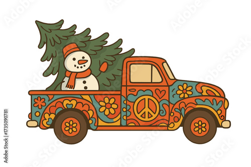 Retro hippie truck with Christmas tree and snowman. Groovy vintage pickup with peace sign, flower power ornament. Festive holiday concept for 2026 New Year greeting card.