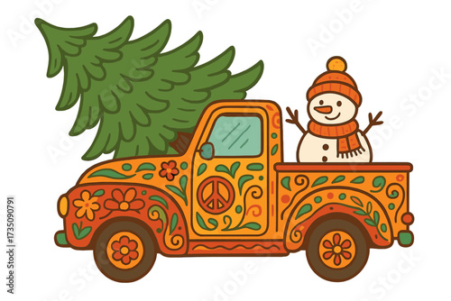 Retro hippie pickup truck on Christmas tree delivery mission with cute snowman. Groovy 1960s 70s floral ornamental art. Holiday greeting card design element for New Year 2026.