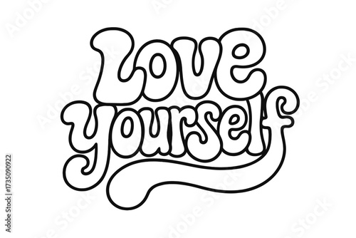 Love yourself groovy lettering. Positive affirmation quote. Self-care, self-esteem, mental health concept. Retro 70s hippie style typography. Hand drawn contour vector illustration.