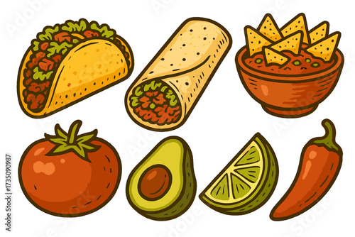Mexican food set retro vector style. Taco, burrito, nachos with salsa bowl, tomato, avocado, lime, chili pepper. Traditional Latin American cuisine. Fast food menu elements.