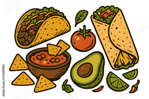 Mexican food vector icon set. Retro style taco, burrito, nachos with salsa, avocado, tomato, lime and chili pepper. Traditional cuisine illustration for restaurant menu design.