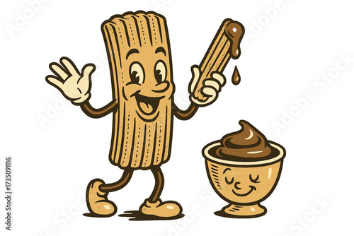 Retro churros character mascot with chocolate sauce. Vintage 50s cartoon for sweet pastry shop. Funny Spanish dessert snack. Cute food personage vector illustration concept.