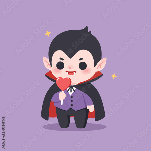 funny 2D kawaii vampire with rosy cheeks, holding a lollipop shaped like a bat, small sharp teeth