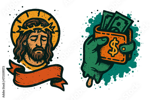 Save Jesus I spend. Spiritual versus material concept. Religion vs capitalism. Urban art vector of Christ head and zombie hand with money. Faith and consumerism conflict.
