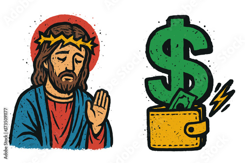 Jesus Christ versus money dollar sign concept. Dilemma between religion and materialism. Urban graffiti street art style vector illustration. Spirituality vs consumerism choice.