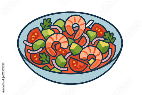 Ceviche seafood salad with shrimp, avocado, tomato, and onion. Isolated vector concept of traditional Latin American and Peruvian cuisine. Flat hand drawn food illustration.