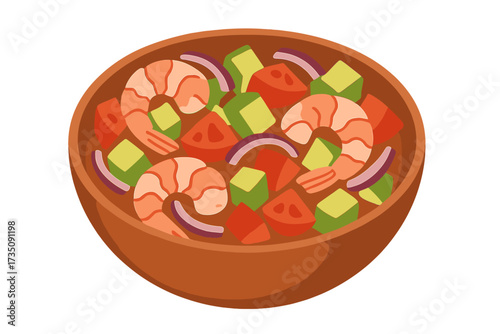 Shrimp ceviche seafood salad with avocado, tomato, and onion. Isolated vector illustration of this traditional Latin American and Peruvian dish. Concept for delicious food.