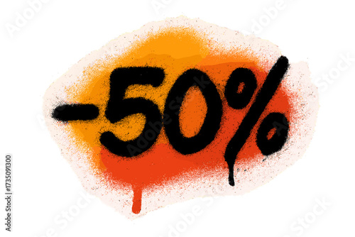 Minus 50 percent off sale promotion. Grungy urban graffiti tag. Street art aerosol spray paint stencil with overspray. Abstract texture background. Vector Illustration.