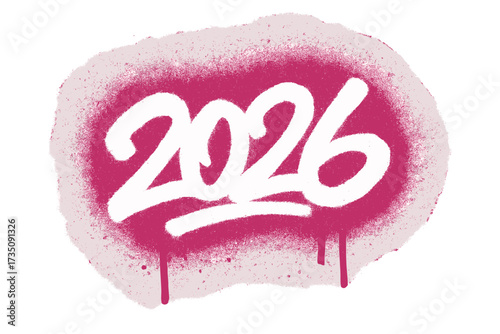 Sprayed 2026 graffiti tag. New year urban street art symbol. Vector illustration with white aerosol paint over magenta, overspray texture, and dripping leaks. Hip hop art.