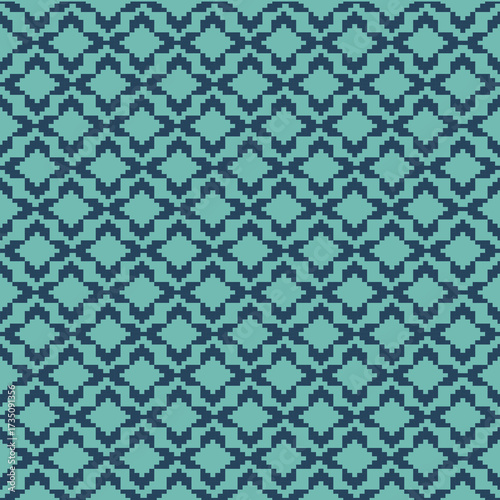 Blue-Green Tone Traditional Embroidery Art Abstract with Pixel Art Designs for Textile Print