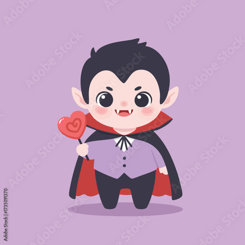 funny 2D kawaii vampire with rosy cheeks, holding a lollipop shaped like a bat, small sharp teeth