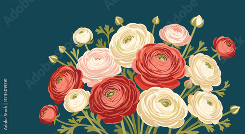 A vibrant bouquet of ranunculus flowers in shades of red and cream.