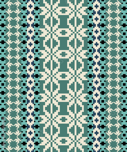 Blue-Green Tone Traditional Embroidery Art Abstract with Pixel Art Designs for Textile Print