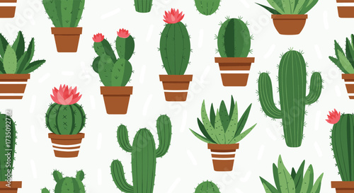 A delightful collection of various potted cacti and succulents arranged in a repeating pattern.