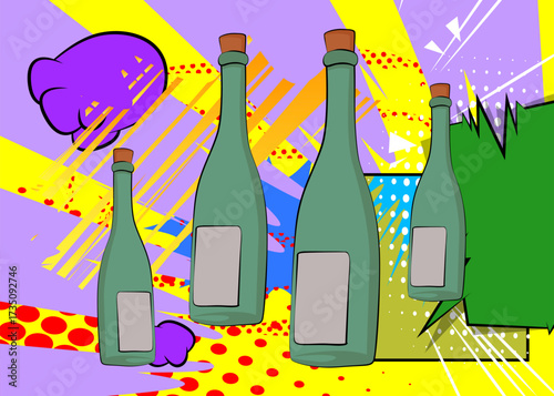 Cartoon glass bottle, comic book drink. Retro vector comics pop art design.