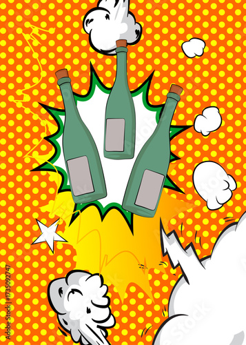 Cartoon glass bottle, comic book drink. Retro vector comics pop art design.