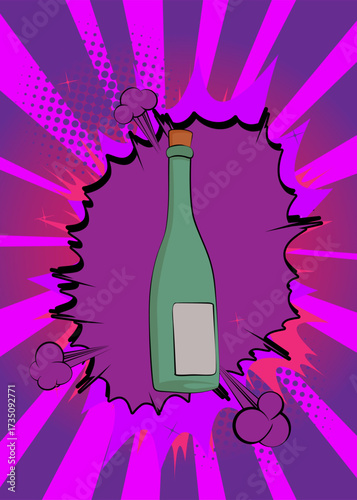 Cartoon glass bottle, comic book drink. Retro vector comics pop art design.