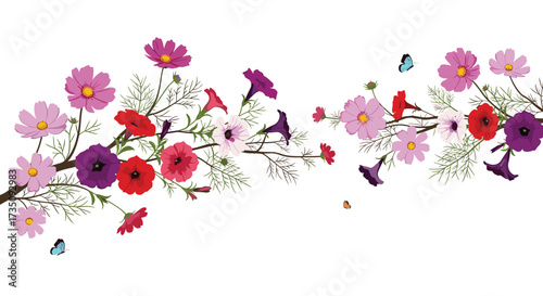 A delicate branch adorned with vibrant cosmos and petunia blossoms drifts gently across a pristine white background.