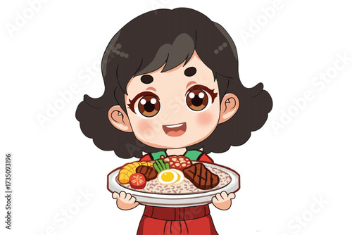 mascot of a girl carrying fried rice with added meat, eggs, tomatoes and vegetables