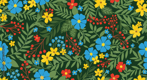 A beautiful seamless pattern featuring a variety of colorful wildflowers and green leaves.