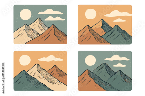 Mountain landscape vector art set. Abstract minimalist illustrations of mountains, sun, moon, and clouds. Retro boho aesthetic for wall decor, posters, prints, and backgrounds.