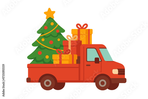 Red Christmas truck with Xmas tree and gifts. Festive holiday delivery pickup. Winter celebration, New Year present transport. Fun modern flat vector illustration isolated.