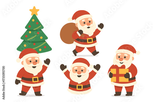 Christmas Santa Claus character set. Vector collection of flat cartoon illustrations. Santa in different poses: waving, holding gift, carrying sack. Cute winter holiday design elements.