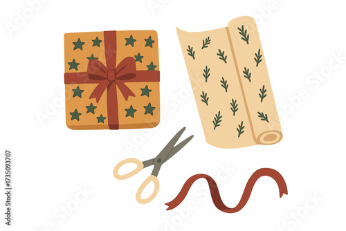 Christmas gift wrapping process flat lay top view. Packaging a holiday present with star paper, a bow, ribbon and scissors. Xmas and New Year celebration preparation vector set.