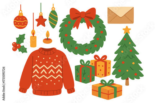 Christmas icon set with holiday elements. Festive winter collection with ugly sweater, wreath, gifts, tree, ornaments, holly, candles. Flat vector illustration for greeting card.
