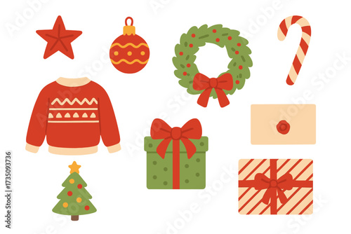 Christmas icon set with ugly sweater, gift box, wreath, tree, candy cane. Winter holiday decoration elements. Cute flat vector illustration collection isolated on white background.