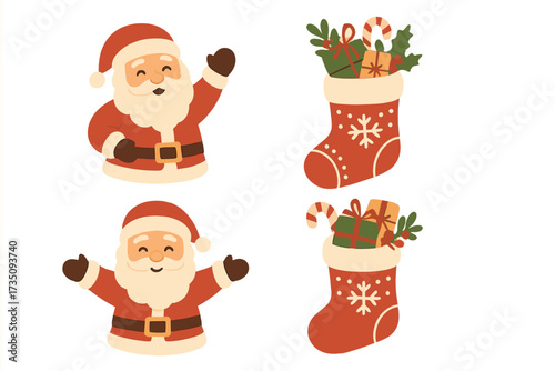 Cute Santa Claus character collection. Christmas vector set with festive xmas stocking full of gifts. Holiday icons for winter celebration. Flat cartoon illustration for design.
