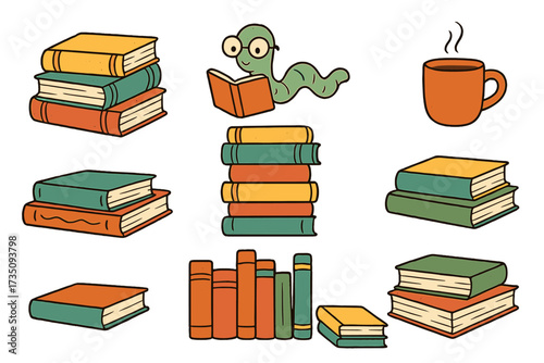 Book set. Reading bookworm character. Stacks of books. Education and literature concept. Library symbol. Hot drink cup. Cozy hygge autumn illustration. Hand drawn vector cartoon.
